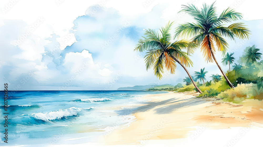 Watercolor Summer Beach Scene with Palm Trees and Ocean Waves for Holiday Travel and Vacation Concepts, Perfect for Logos or T-shirts Watercolor Summer Beach Scene with Palm Trees and Ocean Waves for Holiday Travel and Vacation Concepts, Perfect for Logos or T-shirts