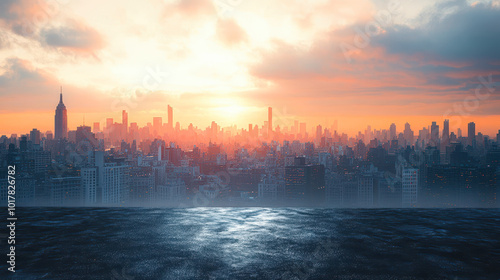 Breathtaking City Skyline at Sunrise with Vibrant Colors, Skyscrapers Silhouetted in Morning Light, Gleaming Urban Landscape, Inspirational and Serene Mood