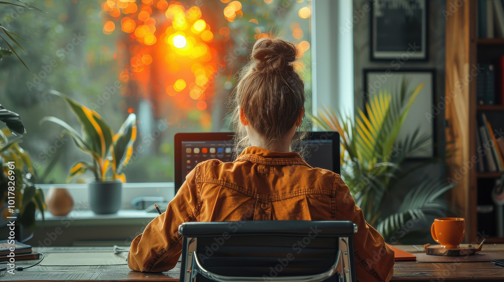 Woman working from home office at sunset, remote work, cozy workspace, productivity, indoor plants, laptop, freelance lifestyle