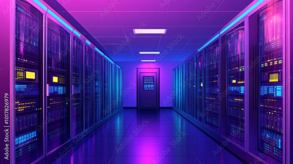 Fototapeta premium A futuristic server room illuminated with purple and blue lighting, showcasing rows of data storage cabinets.