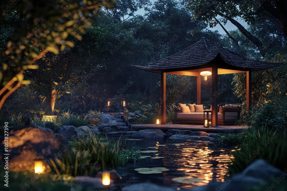 Fototapeta premium Private evening sanctuary with a hidden gazebo illuminated by ambient lights.