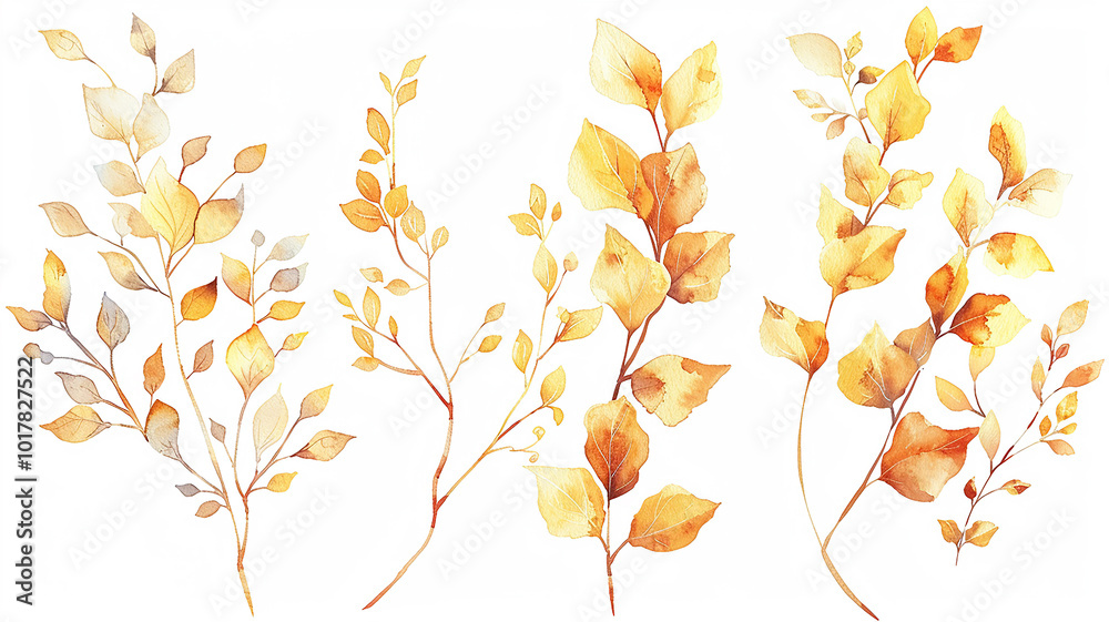 set of yellow leaves and branches, collection on a white background in watercolor style, delicate art