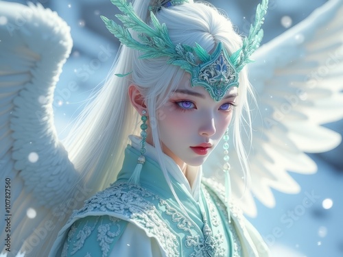 Mystical, fantasy portrait of a woman with long white hair and sparkling armor on a white atmospheric background with angel wings and a sword. photo