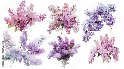 set of lilac flowers isolated on a white background