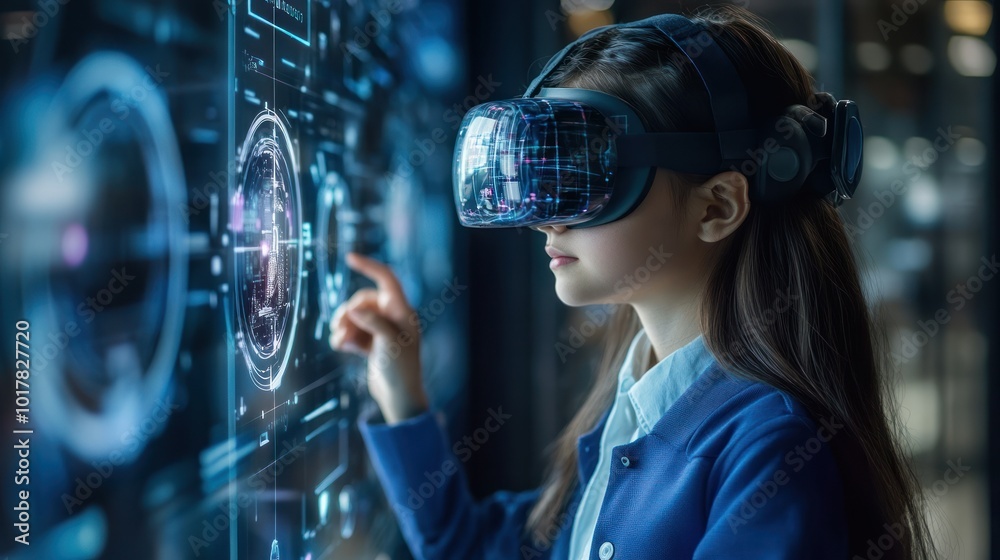 Young school girl in virtual learning environment Highly relevant due to the rise of online education and hybrid learning solutions. Young school girl in virtual learning environment Highly relevant due to the rise of online education and hybrid learning solutions.
