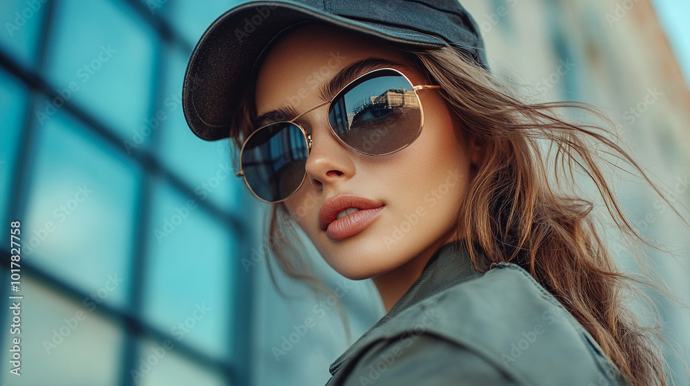 model dressed in military style and wearing sunglasses model dressed in military style and wearing sunglasses
