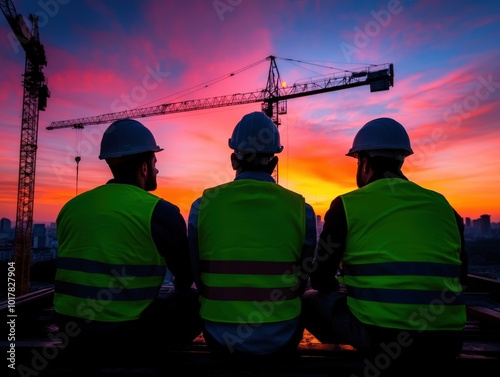 Three construction workers sit on a rooftop, silhouetted against a vibrant sunset, with cranes visible in the background, signifying teamwork and industry progress. photo