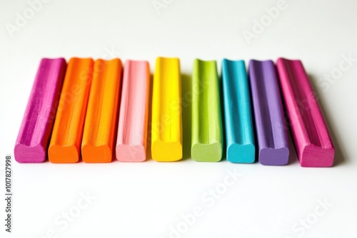 A vibrant arrangement of colorful plasticine bars lined up neatly on a white background