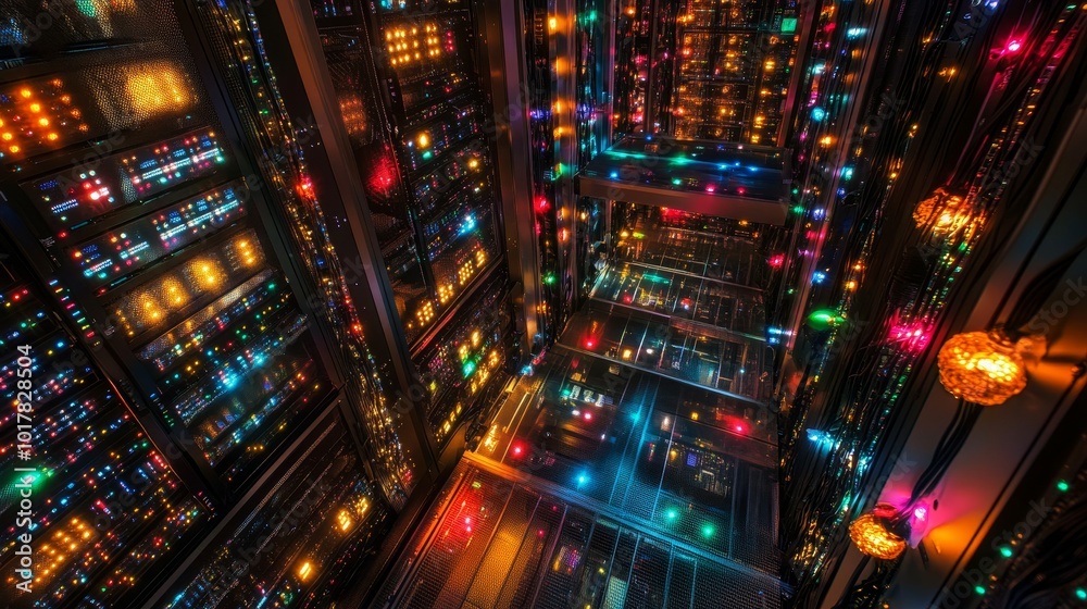 A vibrant server room filled with illuminated panels and colorful lights, showcasing advanced technology and data storage. A vibrant server room filled with illuminated panels and colorful lights, showcasing advanced technology and data storage.