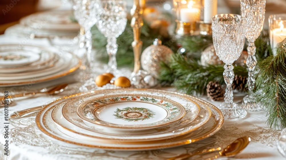 Elegant dining table set with fine china, crystal glassware, and festive decorations for a special occasion. Elegant dining table set with fine china, crystal glassware, and festive decorations for a special occasion.