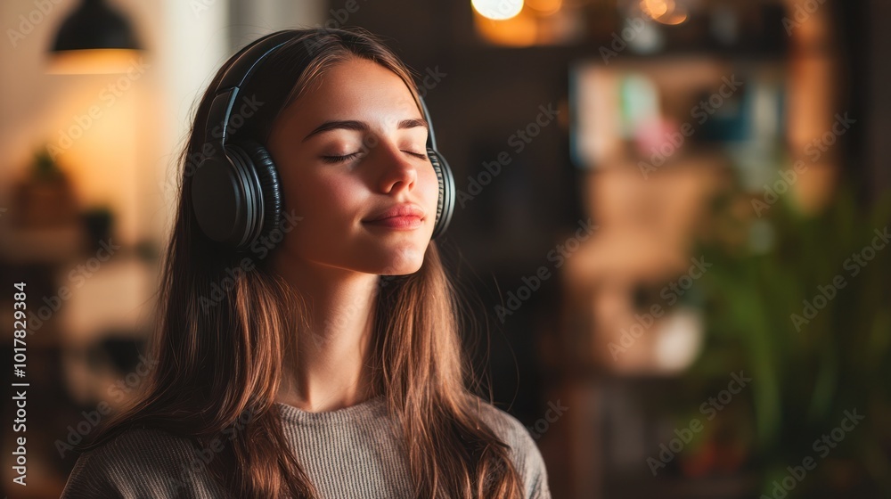 A young woman in a serene studio environment, wearing headphones and enjoying a calming music session with soft lighting and gentle tones of the room A young woman in a serene studio environment, wearing headphones and enjoying a calming music session with soft lighting and gentle tones of the room