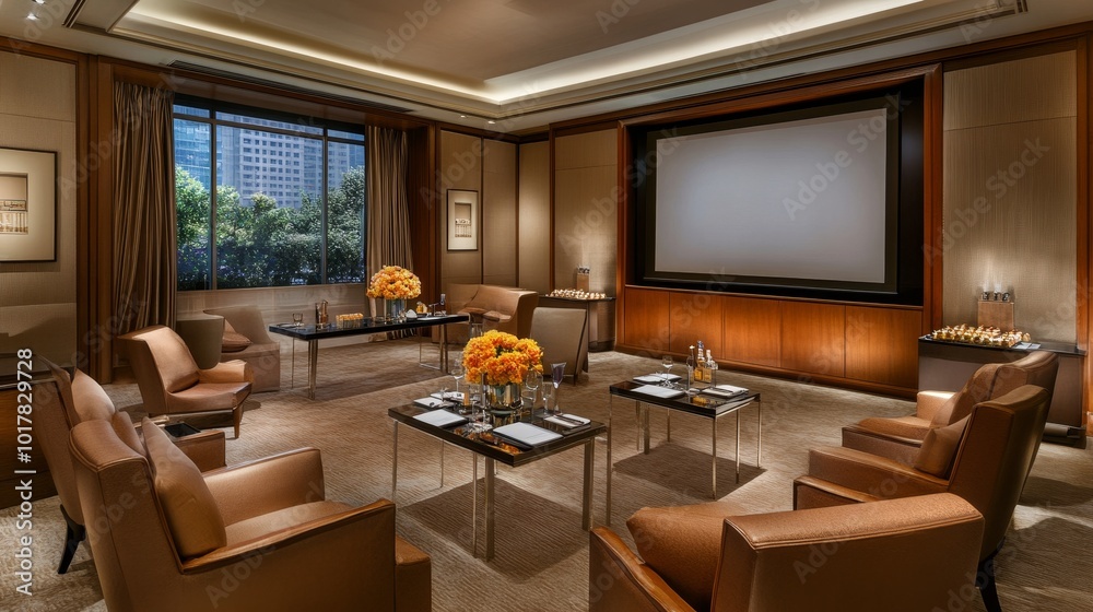 A modern, elegant meeting room with comfortable seating, a large screen, and a view of greenery outside. A modern, elegant meeting room with comfortable seating, a large screen, and a view of greenery outside.