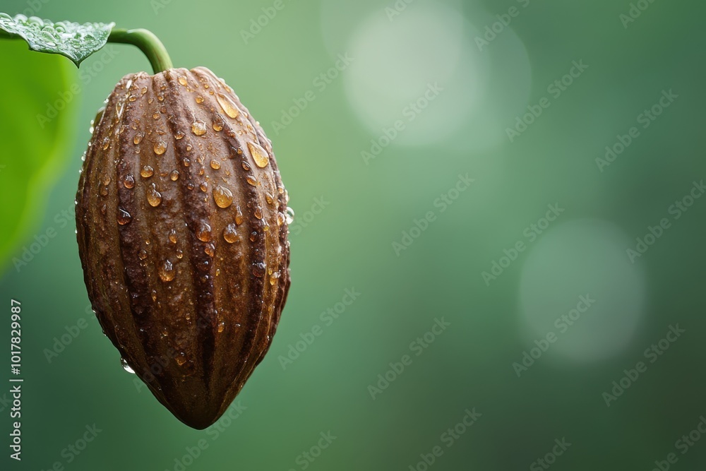 A macro shot of a single cocoa pod glistening with dew in a lush green environment A macro shot of a single cocoa pod glistening with dew in a lush green environment