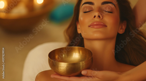 woman relaxing in spa and listening to singing bowls