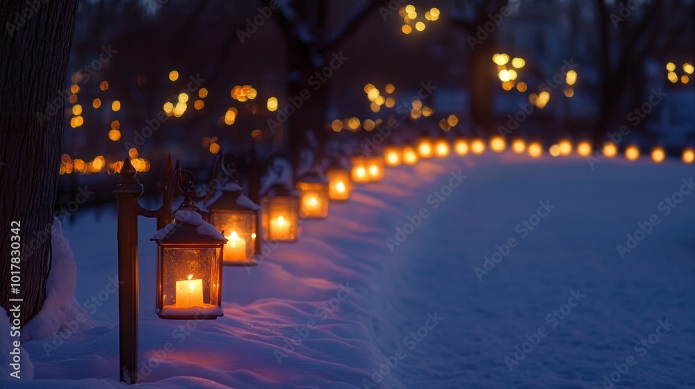 A serene winter scene featuring glowing lanterns lined along a snowy path, creating a warm and inviting atmosphere. A serene winter scene featuring glowing lanterns lined along a snowy path, creating a warm and inviting atmosphere.