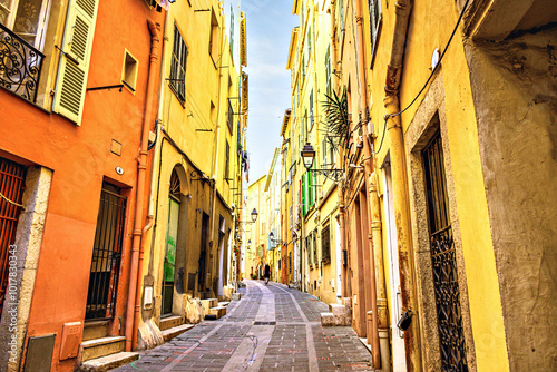 Fototapeta Naklejka Na Ścianę i Meble -  Colorful streets of the historic center of the city of Menton on the French Riviera, Cote d'Azur, France