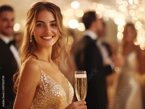 young beautiful woman in evening dress with glass of champagne at banquet
