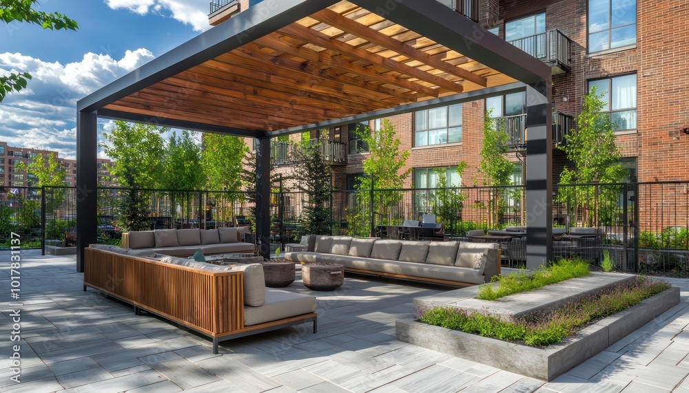 A pergola unites a family-friendly terrace, fostering communal leisure and enjoyment.