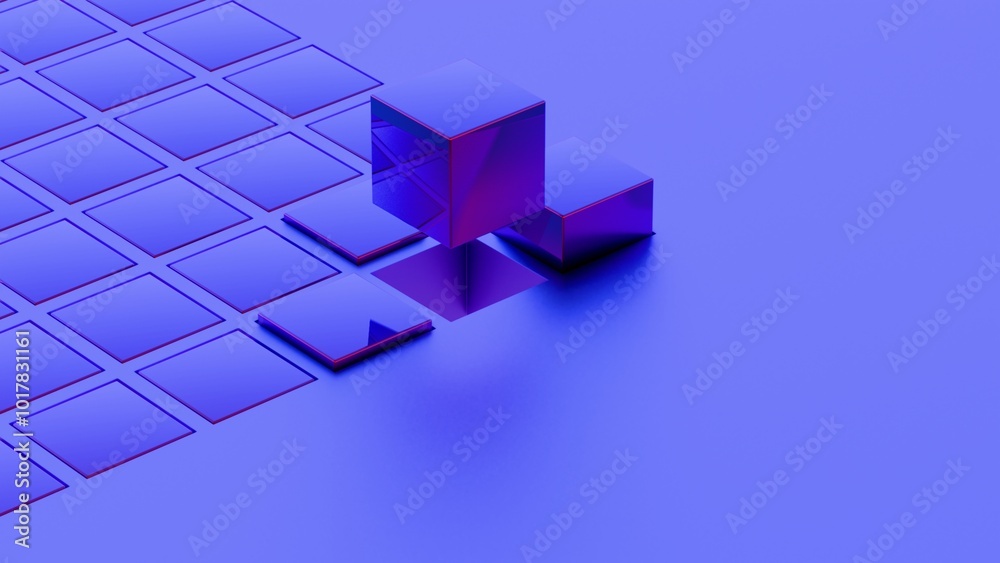 Fototapeta premium Abstract geometric composition with blue cubes and grid pattern..