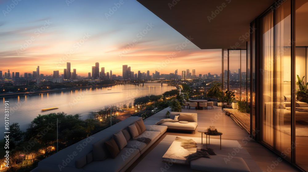 Fototapeta premium Relaxing evening view from a modern balcony overlooking the city skyline and river at twilight
