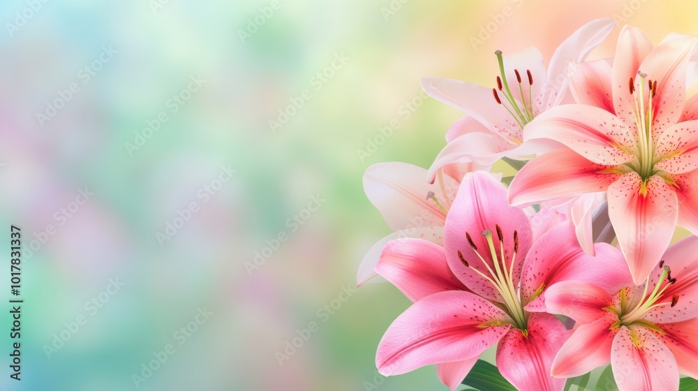 Fototapeta premium Pink Lilies in Soft Focus with Pastel Background, AI