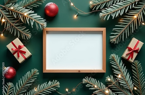 wooden photogram mock up with Christmas decorations with empty space for you design. Christmas mockup. photogram with copy space on green background. 