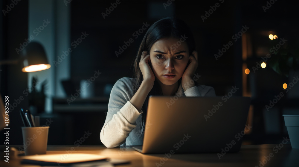 A woman shows frustration while working late at night on her laptop in a cozy home office environment A woman shows frustration while working late at night on her laptop in a cozy home office environment