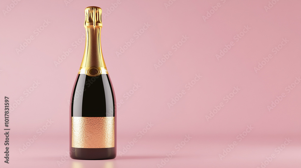 bottle of champagne on pink background and copy space