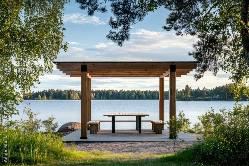 Lakeside pergola in Finland with minimalist design, overlooking serene waters. Lakeside pergola in Finland with minimalist design, overlooking serene waters.