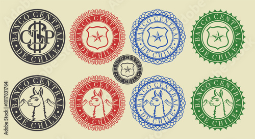 Vector graphic set of financial fictional South American Chilean seals. Round icons with llama, shield and star. Spanish inscription means Central Bank of Chile.