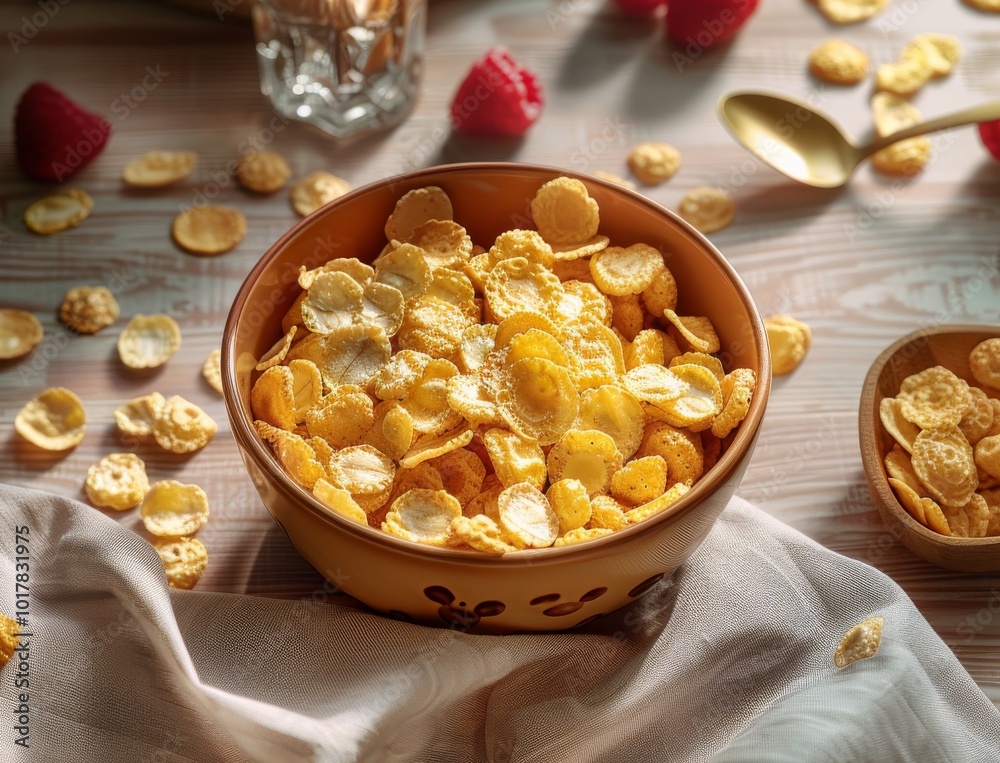 An inviting bowl filled with crispy corn flakes is comfortably seated on a sturdy wooden table, ready for breakfast or a snack An inviting bowl filled with crispy corn flakes is comfortably seated on a sturdy wooden table, ready for breakfast or a snack