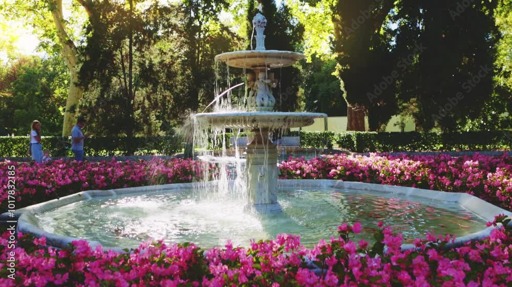 beautiful Park Retiro, fountain with blooming flowers in El Retiro Park, Madrid, sightseeing in Madrid, capital of Spain.