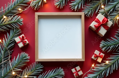 wooden photogram mock up with Christmas decorations with empty space for you design. Christmas mockup. photogram with copy space on red background. 