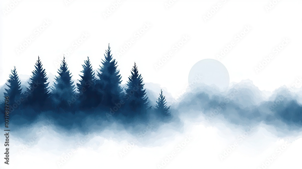 A serene silhouette of evergreen trees against a soft, misty background with a glowing sun, evoking tranquility and natural beauty. A serene silhouette of evergreen trees against a soft, misty background with a glowing sun, evoking tranquility and natural beauty.