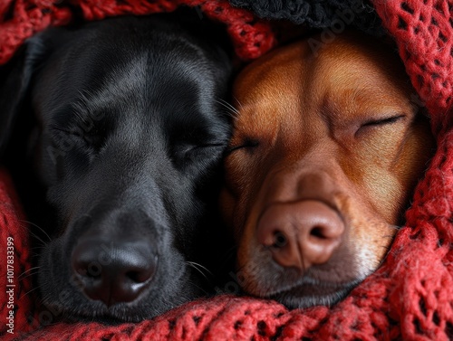 Two adorable dogs peacefully sleep, snuggled closely together under a warm red knitted blanket, portraying contentment, comfort, and companionship in a cozy setting.