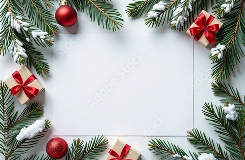 A blank sheet mock up with Christmas decorations with empty space for you design. Christmas mockup. White sheet with copy space on white background, surrounded fir branches