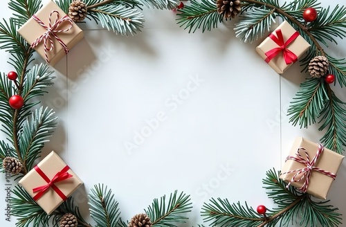 A blank sheet mock up with Christmas decorations with empty space for you design. Christmas mockup. White sheet with copy space on white background, surrounded fir branches