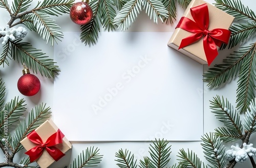 A blank sheet mock up with Christmas decorations with empty space for you design. Christmas mockup. White sheet with copy space on white background, surrounded fir branches