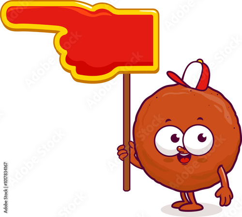 Funny cartoon meatball character. Sausage sub sandwich mascot. Fast food restaurant meatball mascot holding advertising blank pointing finger hand sign. Vector illustration