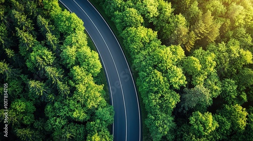 Serene Aerial View of Curved Road Through Lush Forest