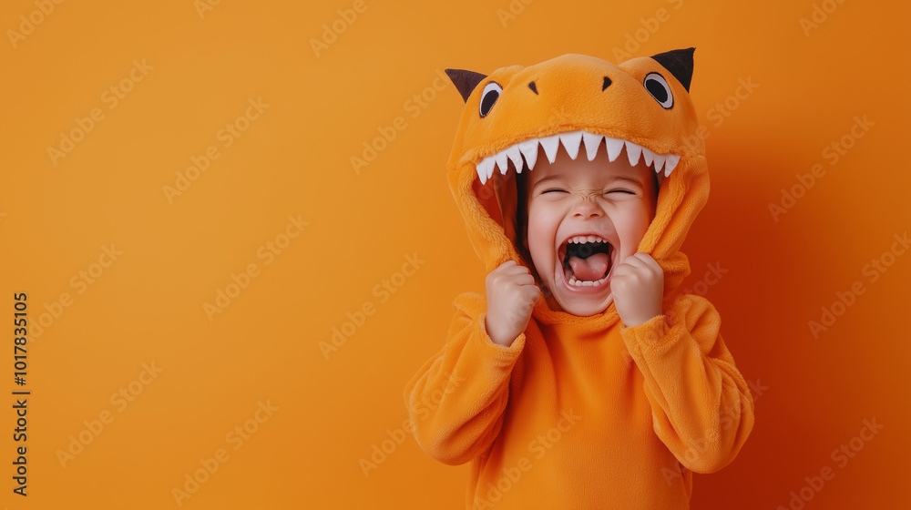 Obraz premium child dressed in an adorable tiger costume for Halloween, playfully laughing and roaring. strikes a fun pose, embodying a playful monster spirit, set against a vibrant orange background banner