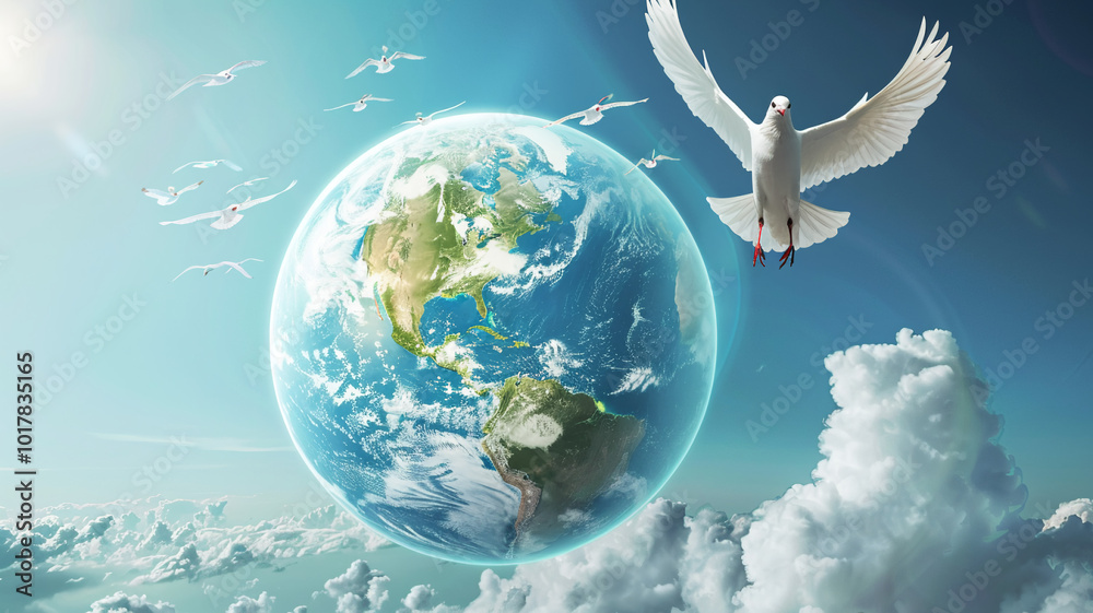 Obraz premium World Peace Day Banner with a dove is flying over a globe, international day of peace concept