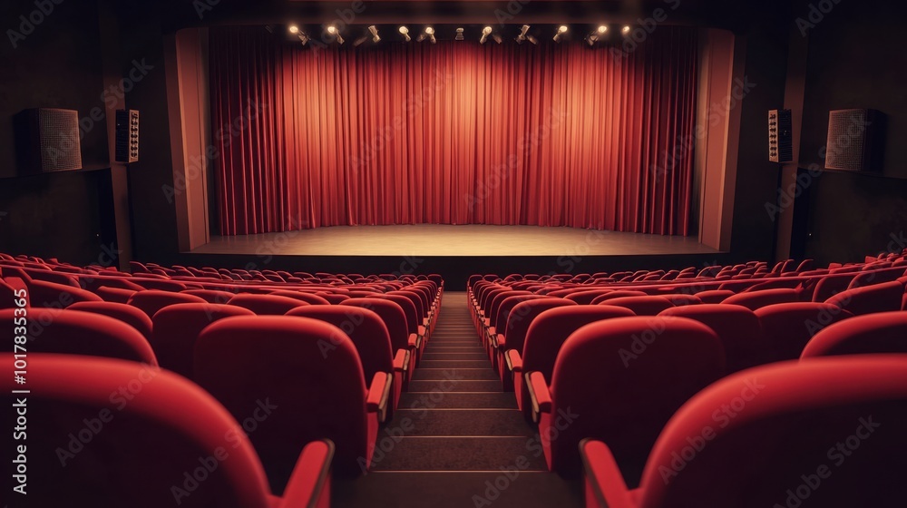 Fototapeta premium A modern theatre auditorium with comfortable seats and a stage ready for a performance, capturing the essence of the dramatic arts.