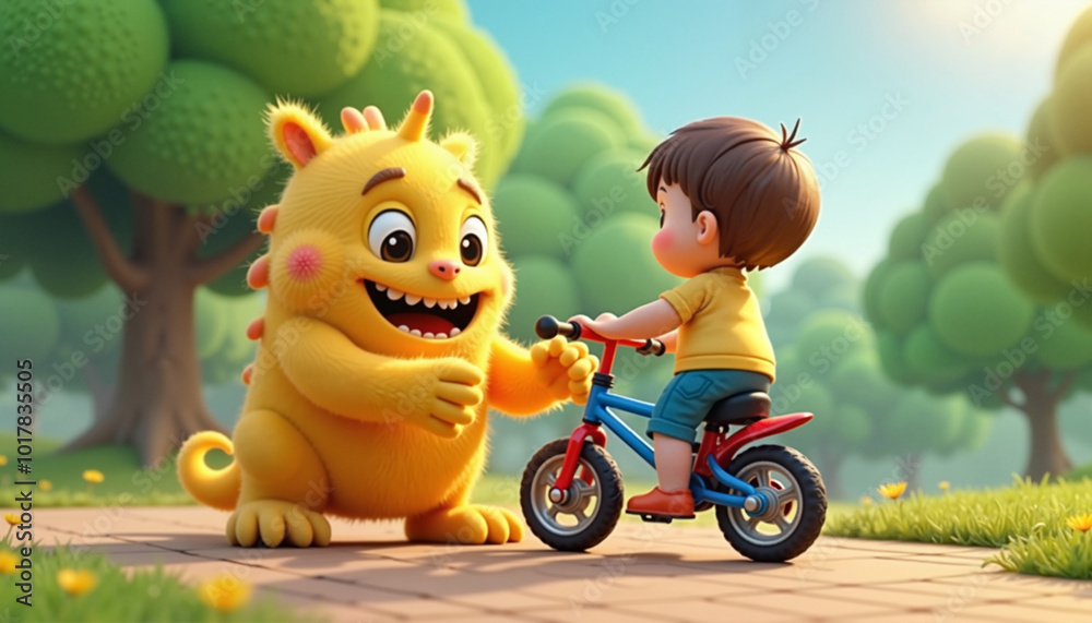 Obraz premium Friendly Monster and Child Happily Interacting on Bicycle Against Cartoon Forest Background