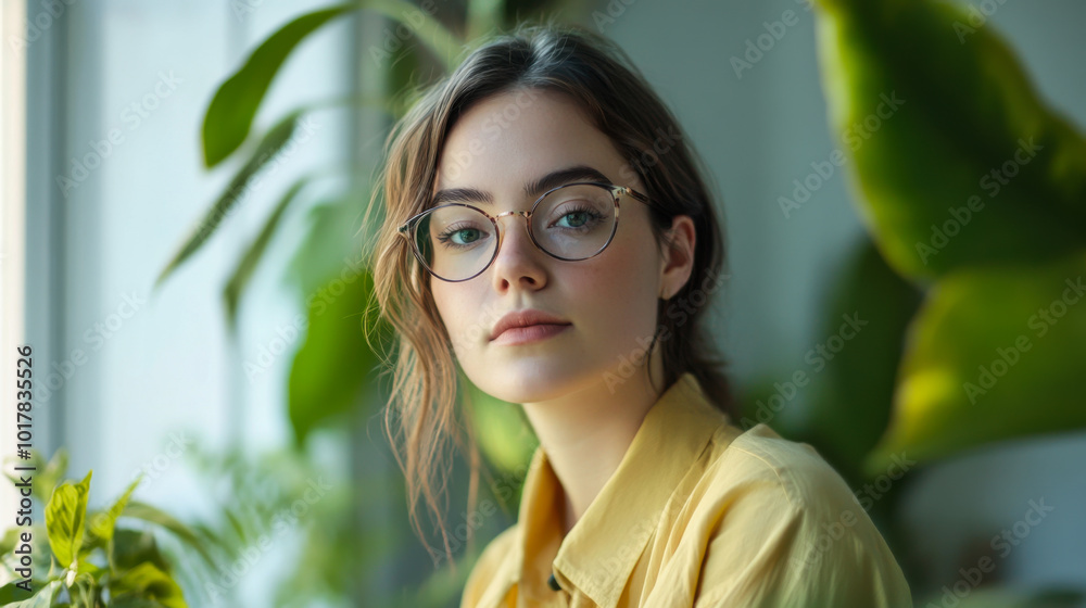 A young woman with glasses poses thoughtfully among lush green plants in a bright indoor space during the afternoon A young woman with glasses poses thoughtfully among lush green plants in a bright indoor space during the afternoon