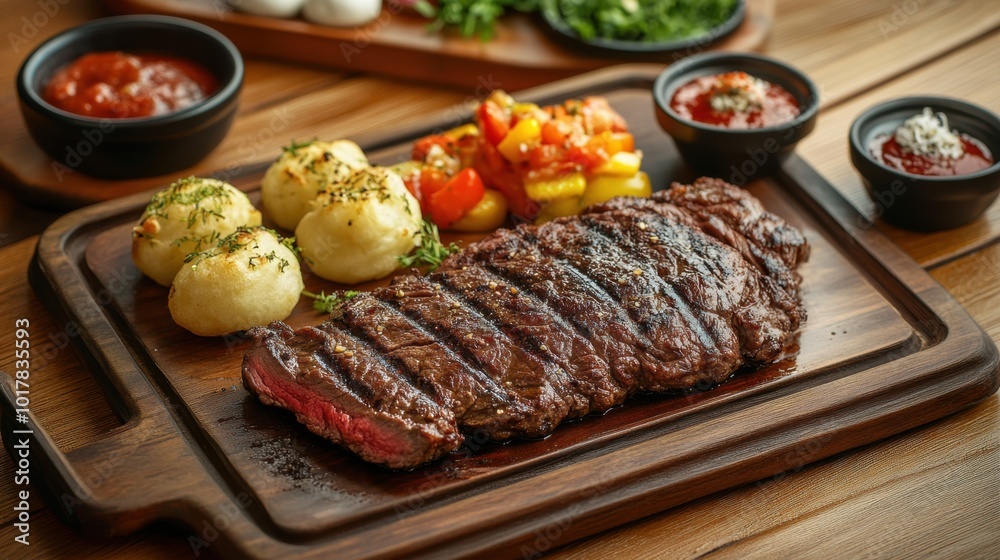 A mouthwatering grilled beef set with assorted side dishes, presented on a vintage wooden table, ideal for a hearty meal. A mouthwatering grilled beef set with assorted side dishes, presented on a vintage wooden table, ideal for a hearty meal.