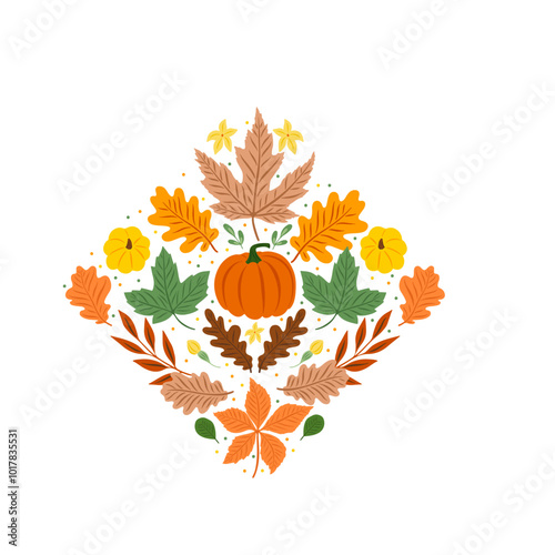 Autumn pattern with oak, maple leaves, and pumpkin on a white background. Perfect for Thanksgiving Day invitations and holiday greeting cards.