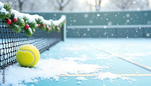 Tennis ball on snow-covered court with festive garland and snowy winter landscape, Boxing Day Sports background, copy space photo