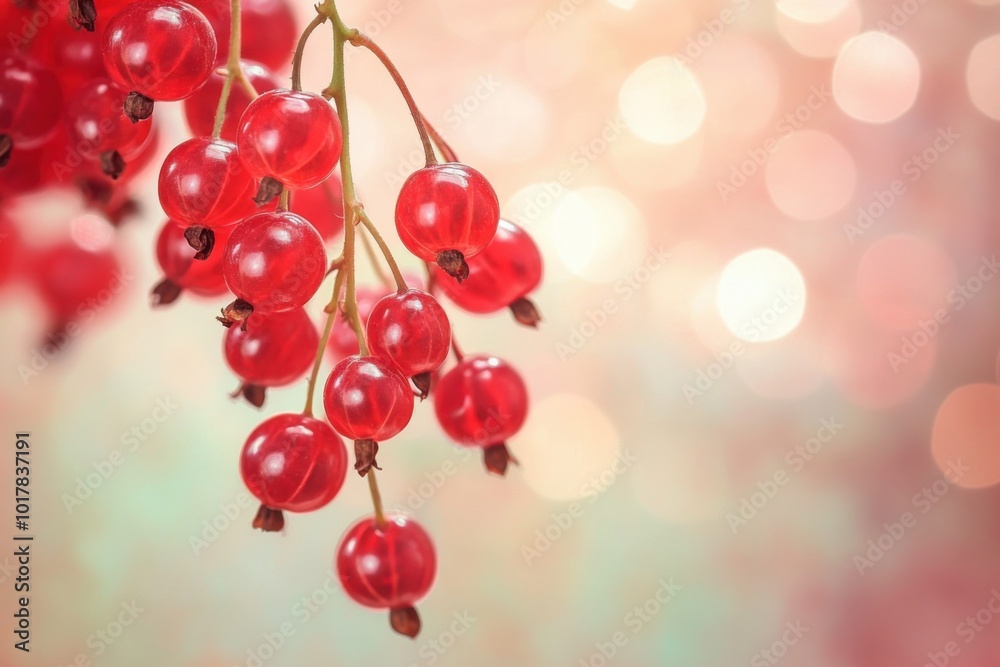 Vibrant red currants hanging elegantly in a soft, colorful background during a sunny afternoon Vibrant red currants hanging elegantly in a soft, colorful background during a sunny afternoon