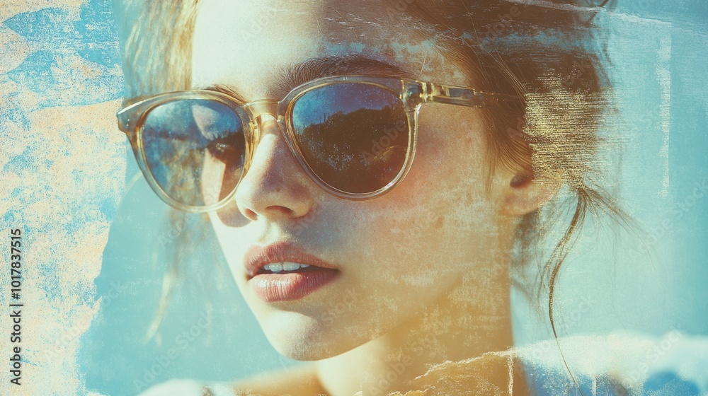 A senior portrait wearing sunglasses, capturing a nostalgic vibe with a dreamy, retro-inspired collage of past and present.